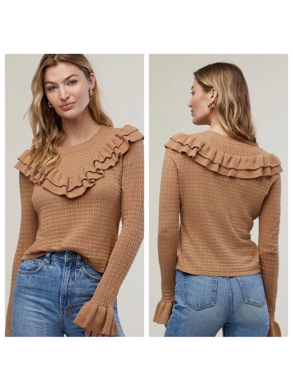NWT Rachel Parcell Pointelle Ruffle Sweater Beige Tan Size Small